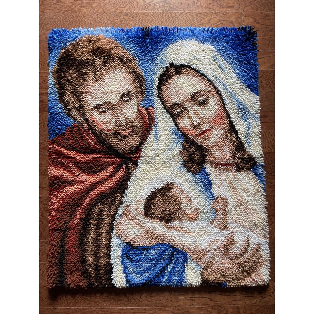 VTG J & P Coats Nativity Latch Hook 30"x 36" Mary Joseph Baby Jesus Completed